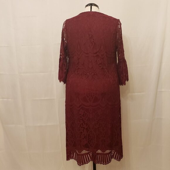 Catherine's Burgundy Lace Sheath 3/4 Bell Sleeve Lined Midi Dress, Size 0X - Picture 4 of 10